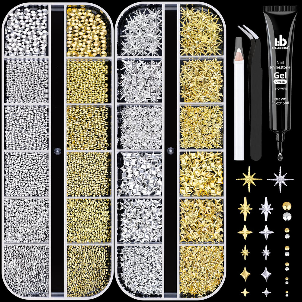 BELLEBOOST star charms in gold and silver with six sizes for versatile nail art accents.
