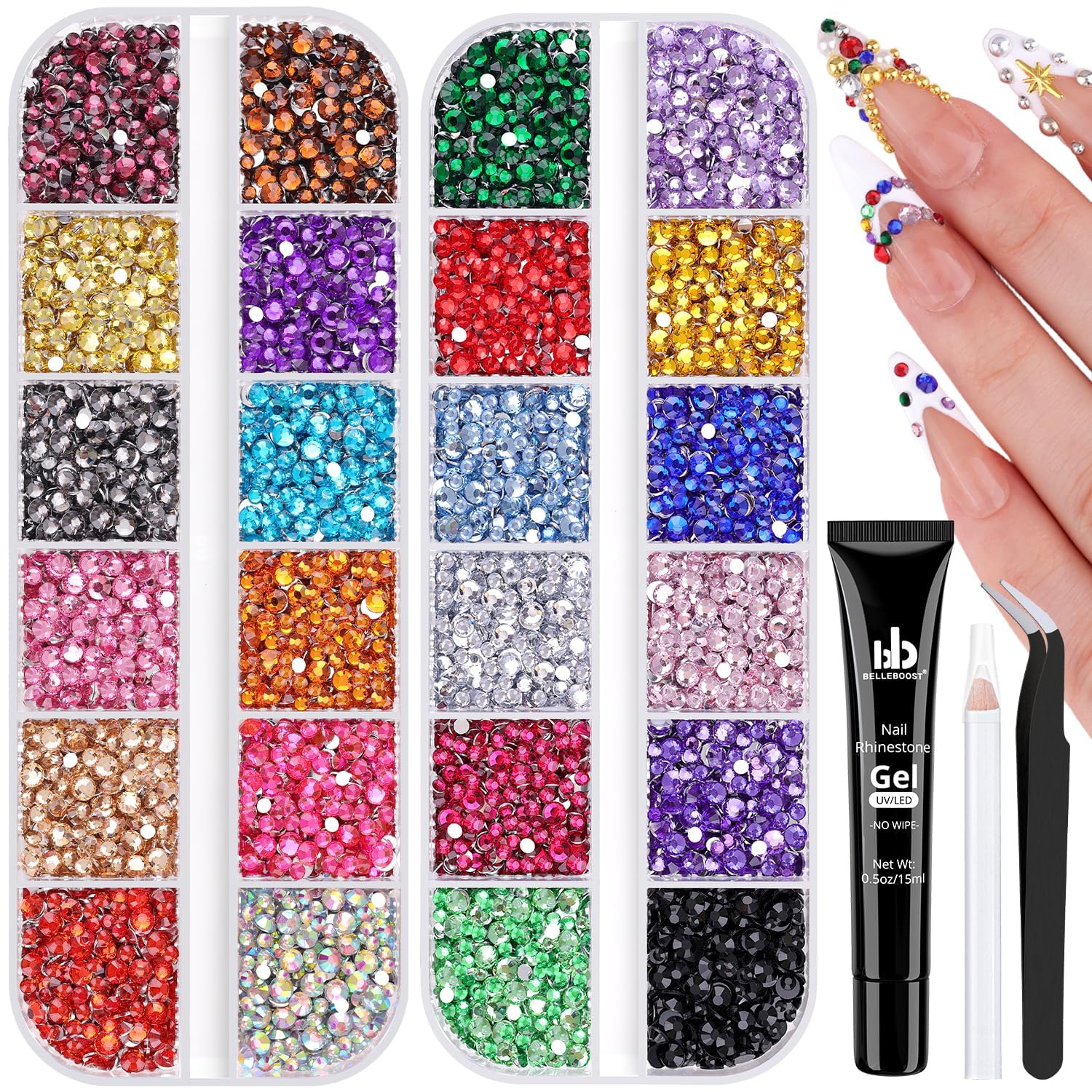 BELLEBOOST multicolor nail gems 2-3 mm with silver flatback for versatile nail art