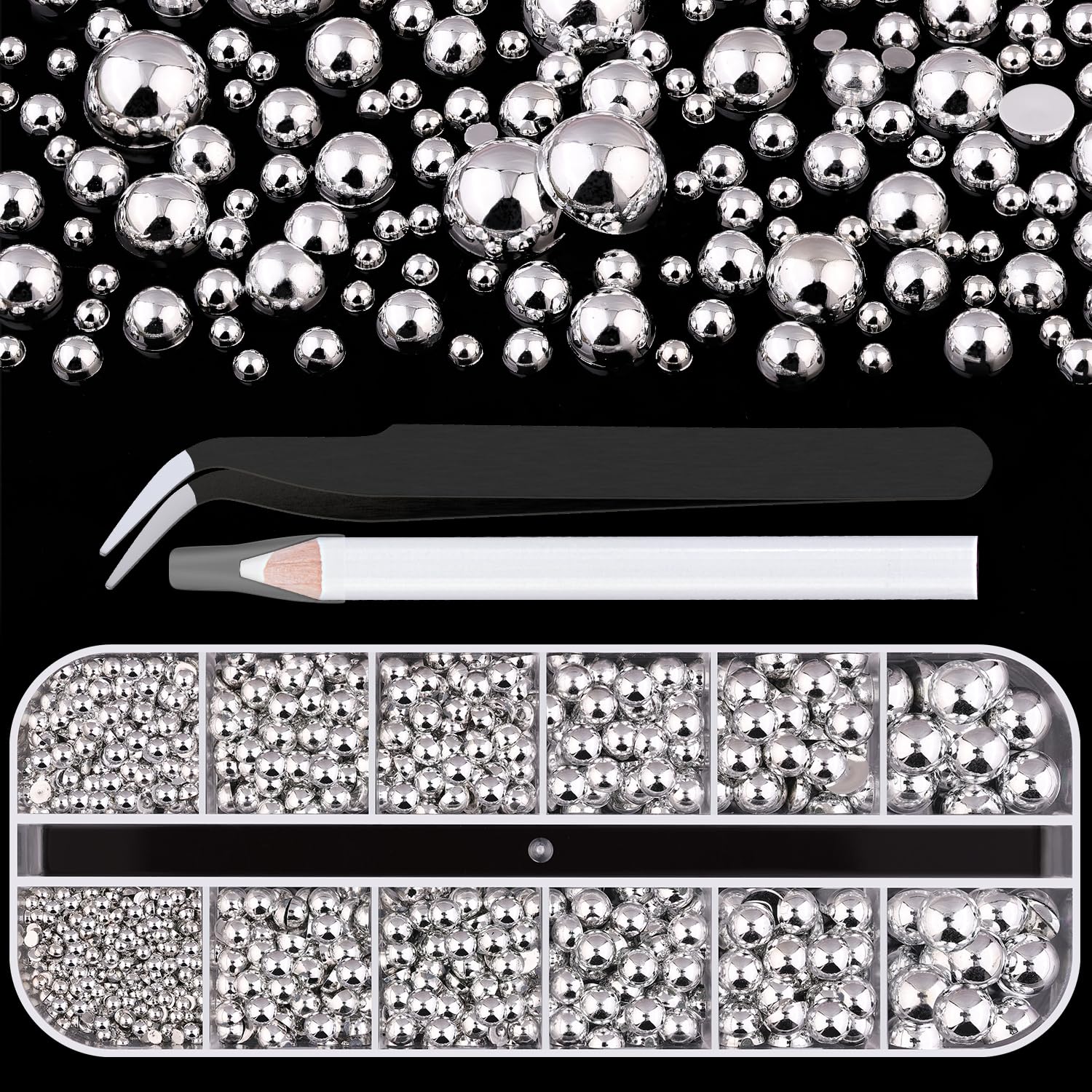 BELLEBOOST box of silver nail charms neatly organized for easy selection
