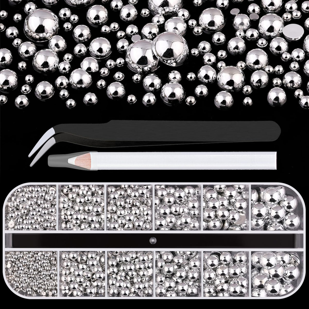 BELLEBOOST box of silver nail charms neatly organized for easy selection