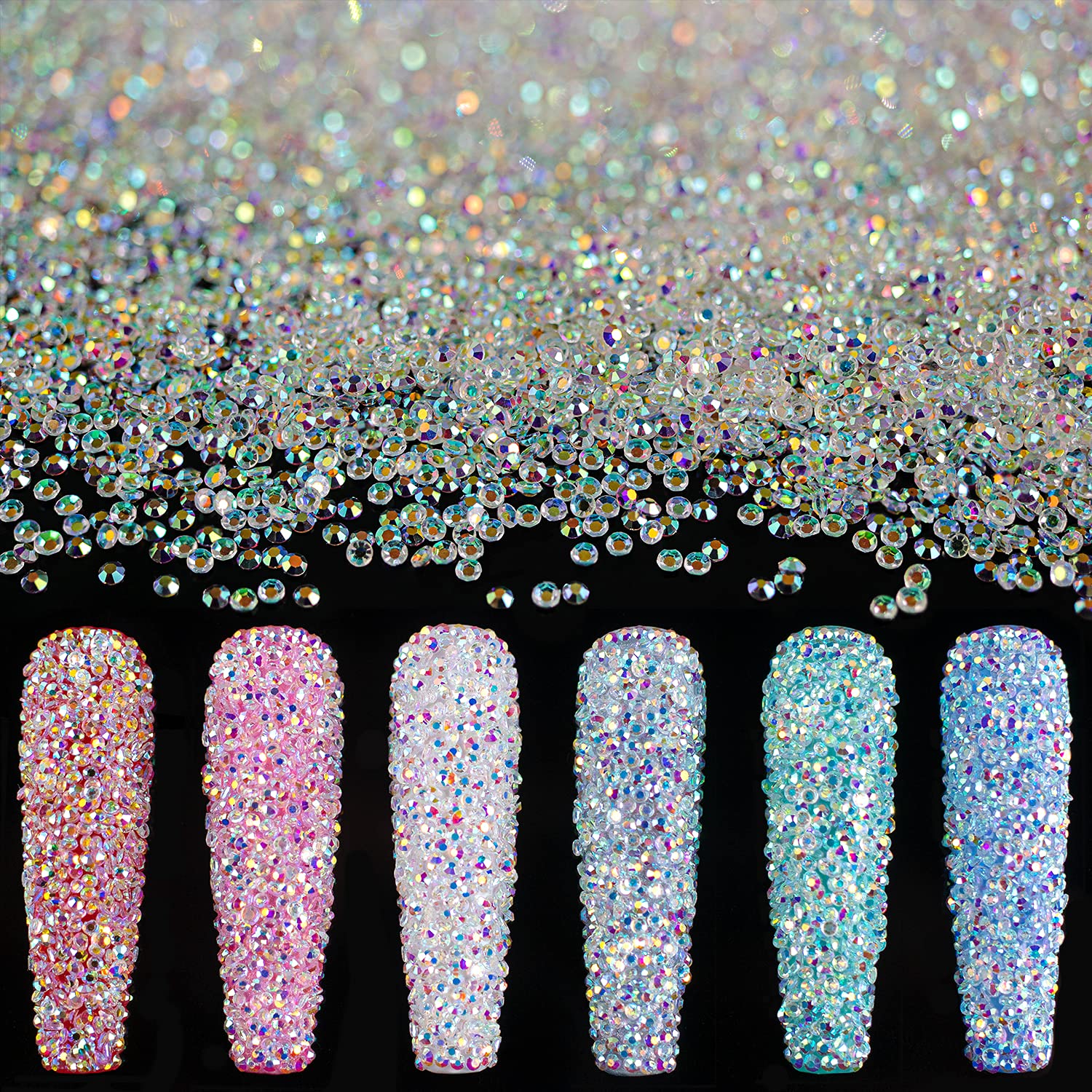 BELLEBOOST tiny 1.2mm rhinestones with iridescent AB shine for dazzling nail art.