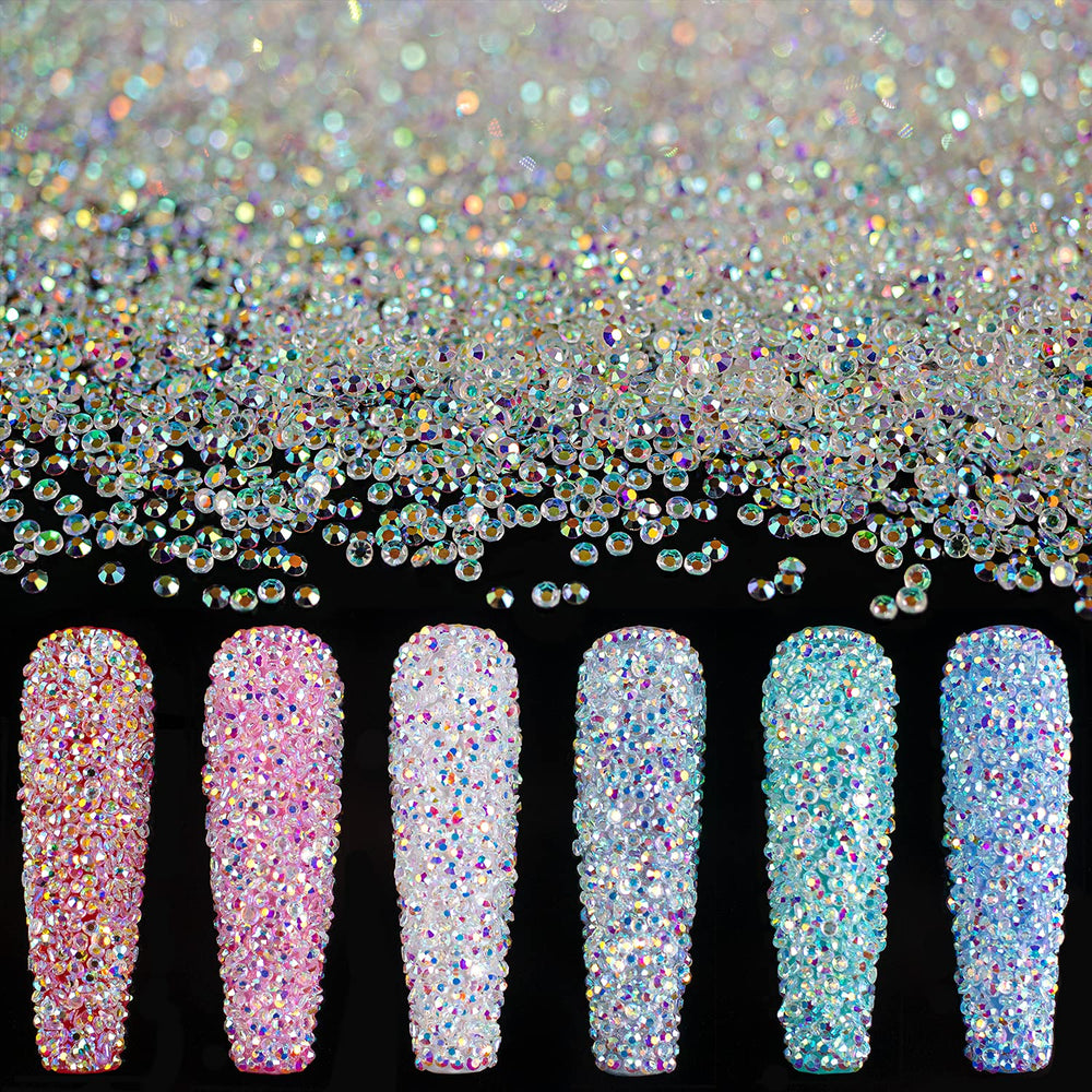 BELLEBOOST tiny 1.2mm rhinestones with iridescent AB shine for dazzling nail art.