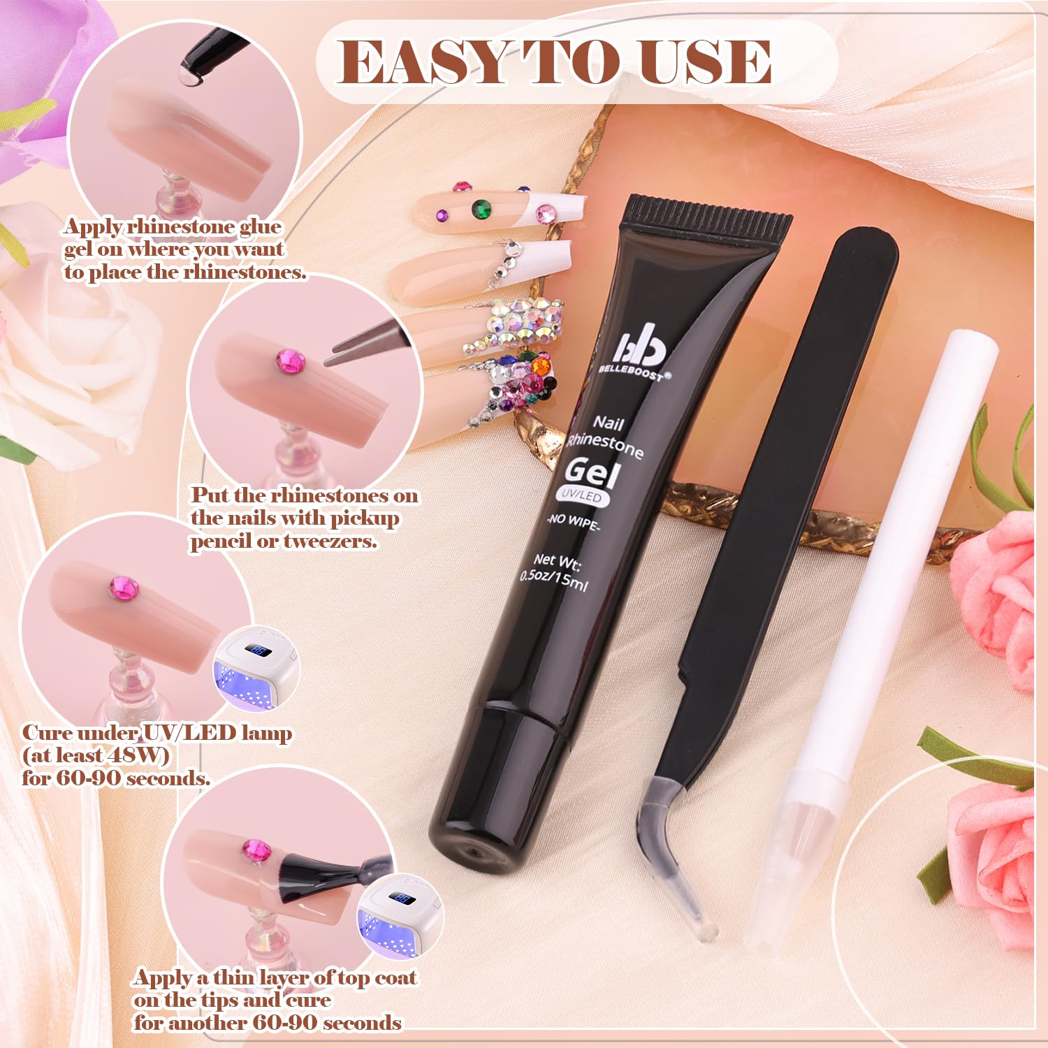 BELLEBOOST tweezer tool for precise gem placement and handling.
