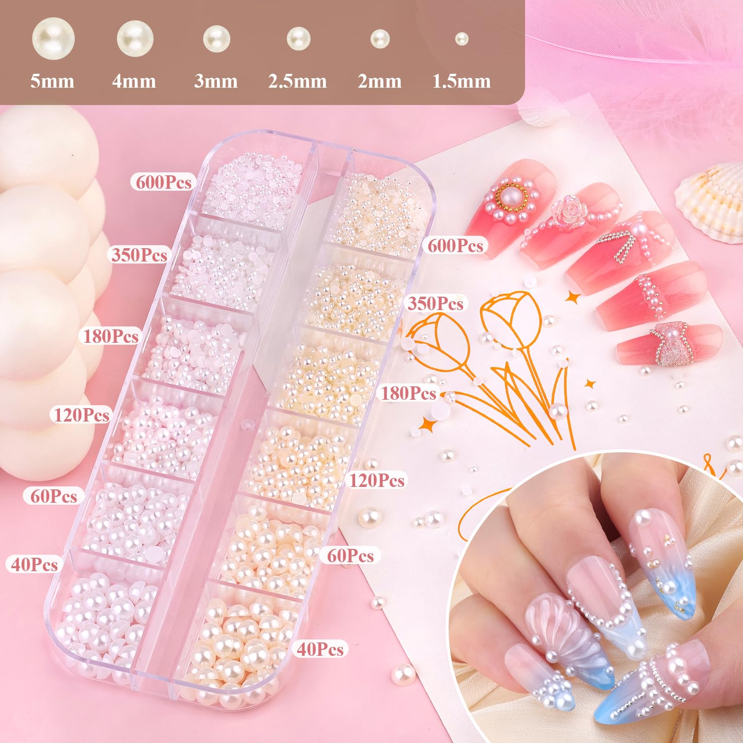 BELLEBOOST white and beige flatback pearls add elegant accents to nails.