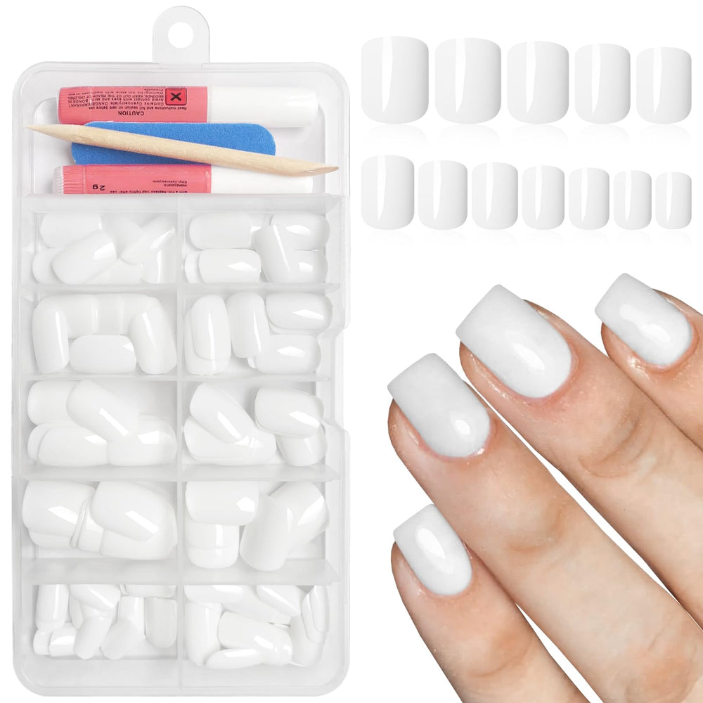 Bellelfin square press-on nails in glossy white for an at-home salon look