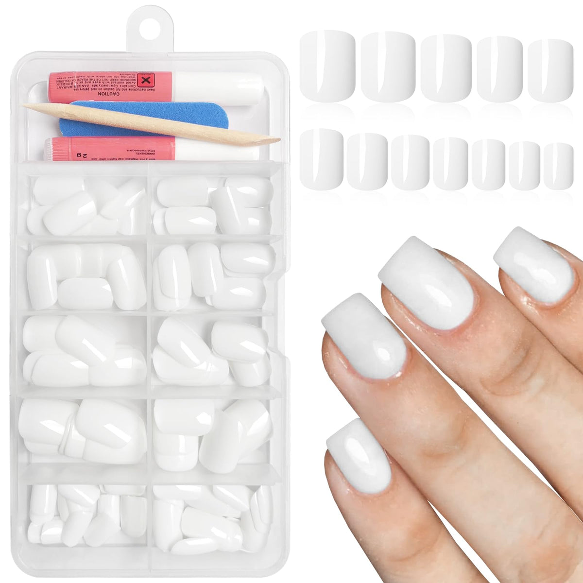 Bellelfin square press-on nails in glossy white for an at-home salon look