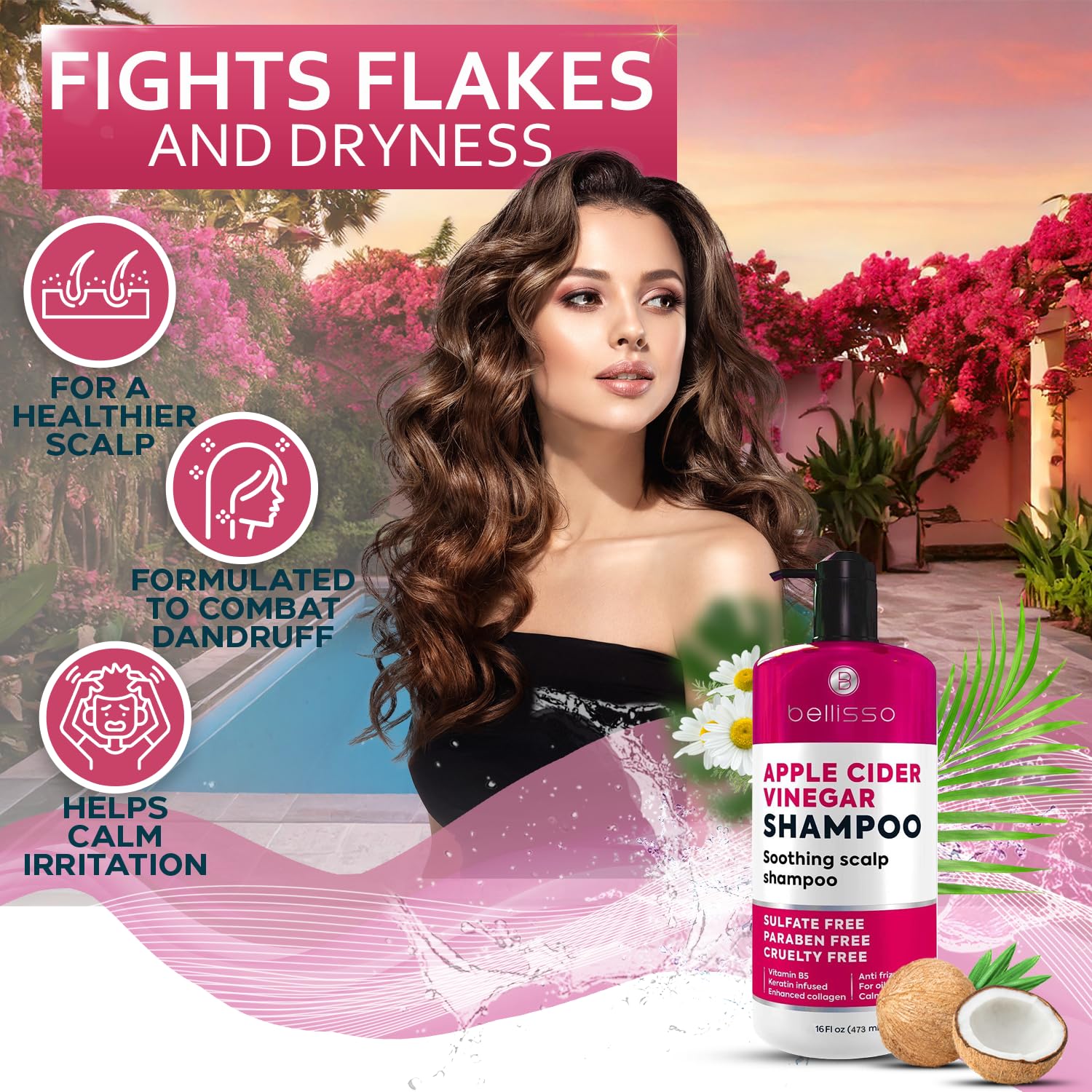 Bellisso anti-dandruff action closeup demonstrates scalp balance.