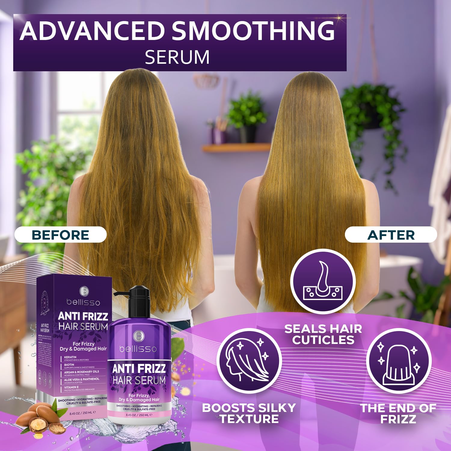 Bellisso Anti Frizz Serum application on hands for controlled smoothing.