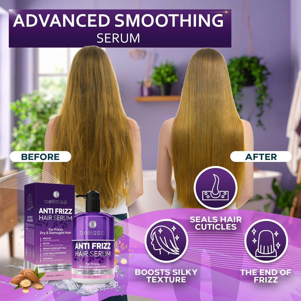 Bellisso Anti Frizz Serum application on hands for controlled smoothing.