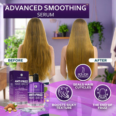 Bellisso Anti Frizz Serum application on hands for controlled smoothing.