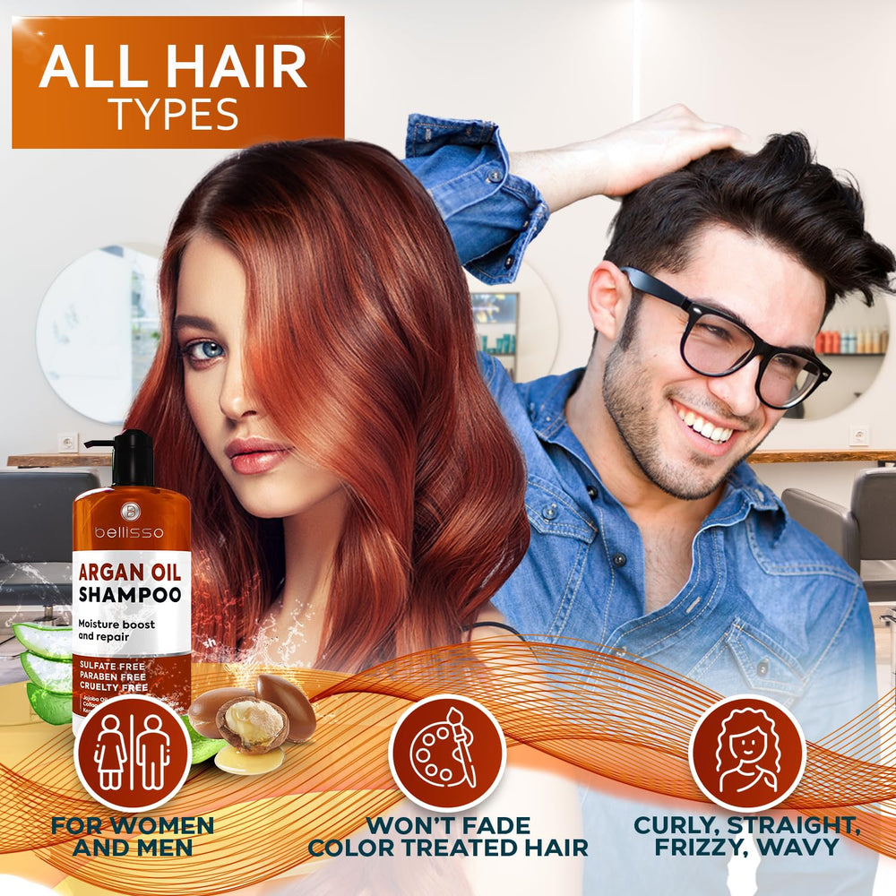Bellisso Argan Oil Shampoo color-treated hair portrait hints color-safe nourishment.