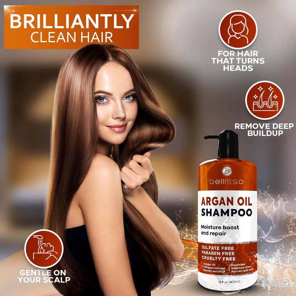 Bellisso Argan Oil Shampoo dispensing shot emphasizes safe use and salon-grade quality.