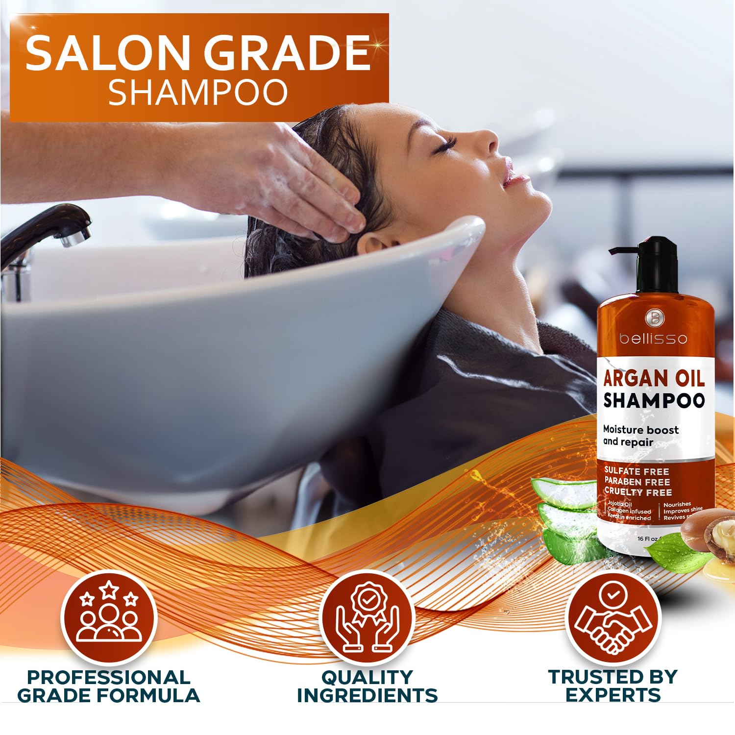 Bellisso Argan Oil Shampoo hair texture detail implies smoother strands and reduced frizz.