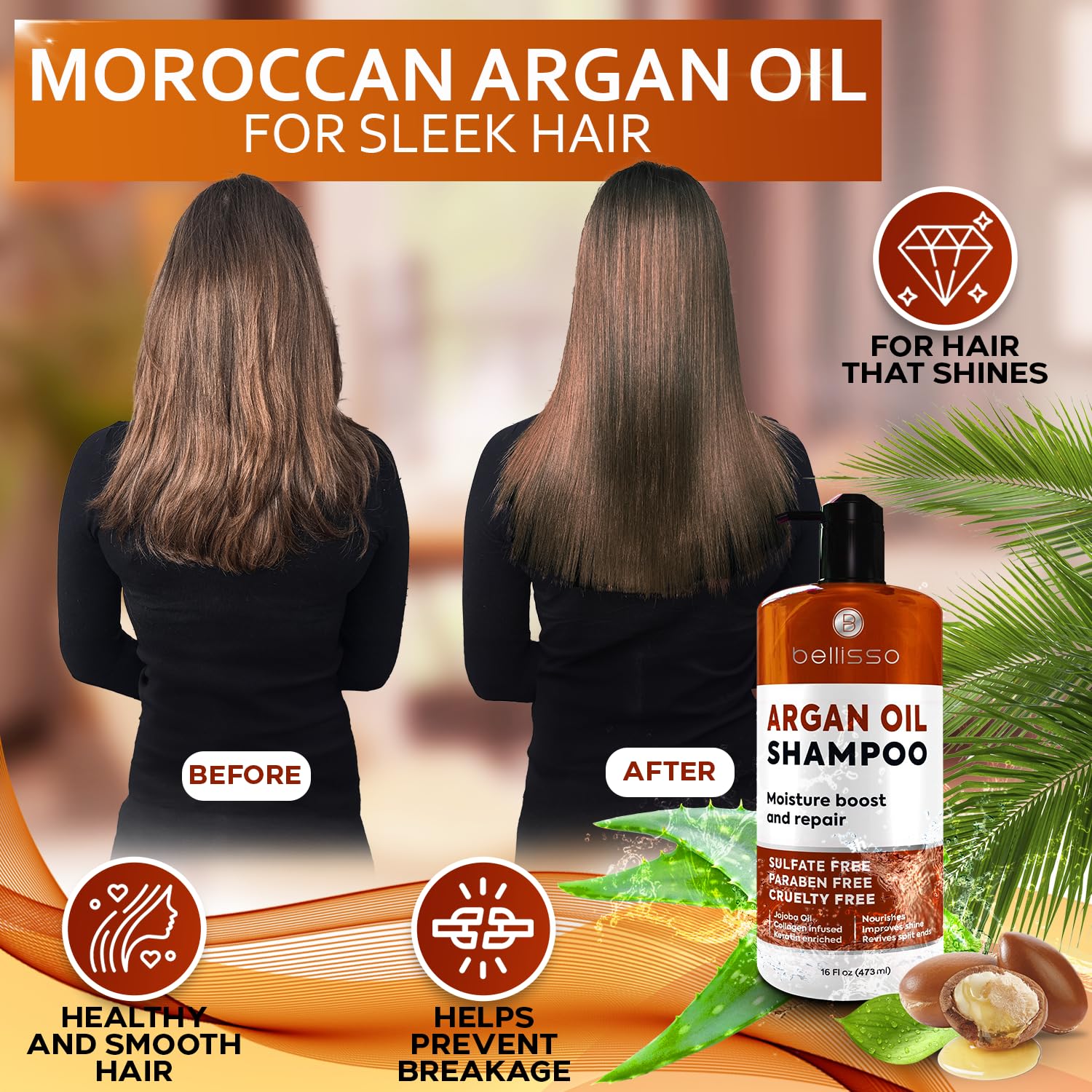 Bellisso Argan Oil Shampoo packaging highlighting sulfate-free formula for all hair types.
