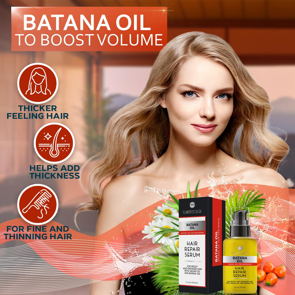 Bellisso Batana Serum application scene demonstrates frizz control during styling.