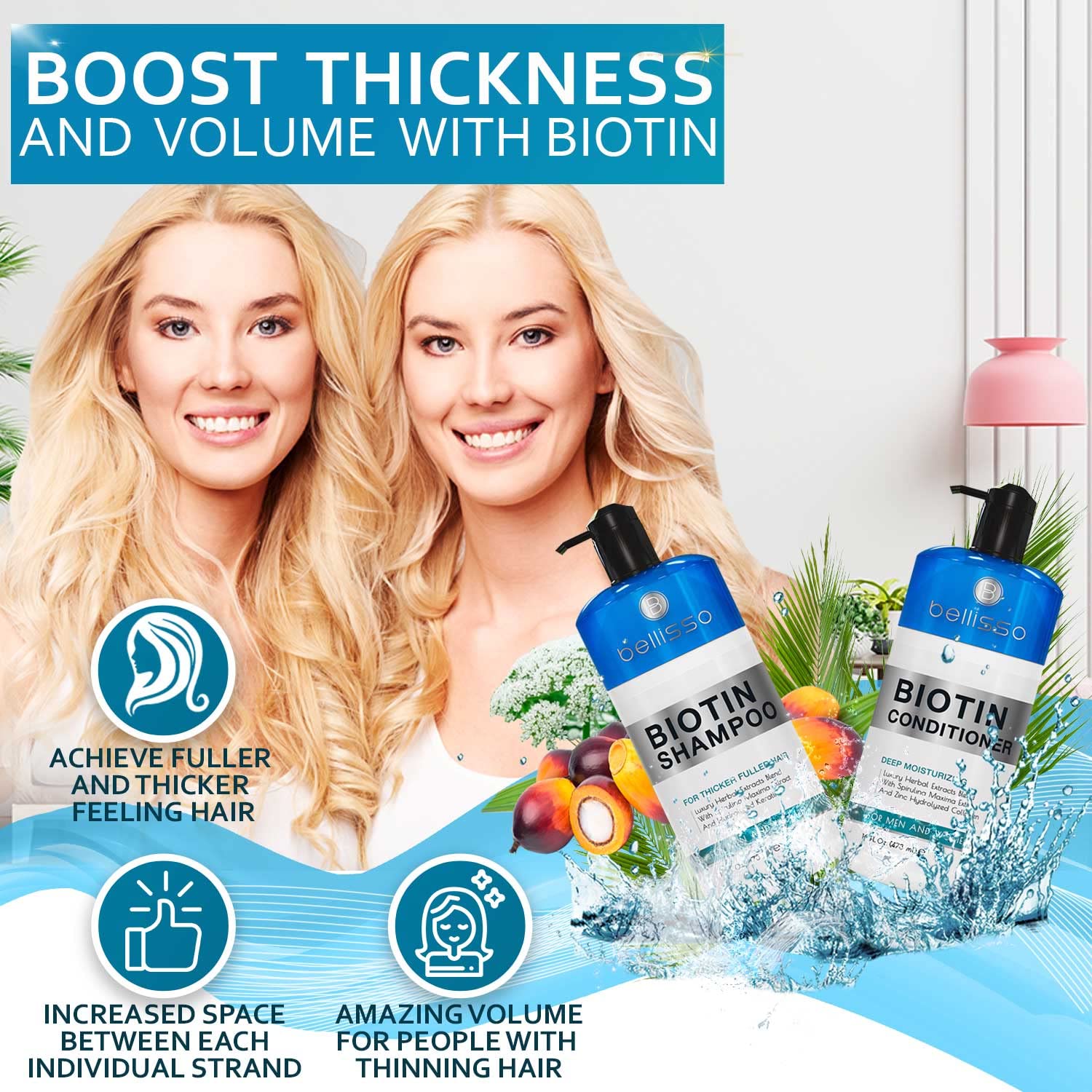 Bellisso Biotin Conditioner bottle close-up emphasizing detangling and shine