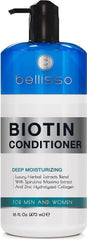 Bellisso Biotin Conditioner pump bottle demonstrates deep hydration for dry hair.