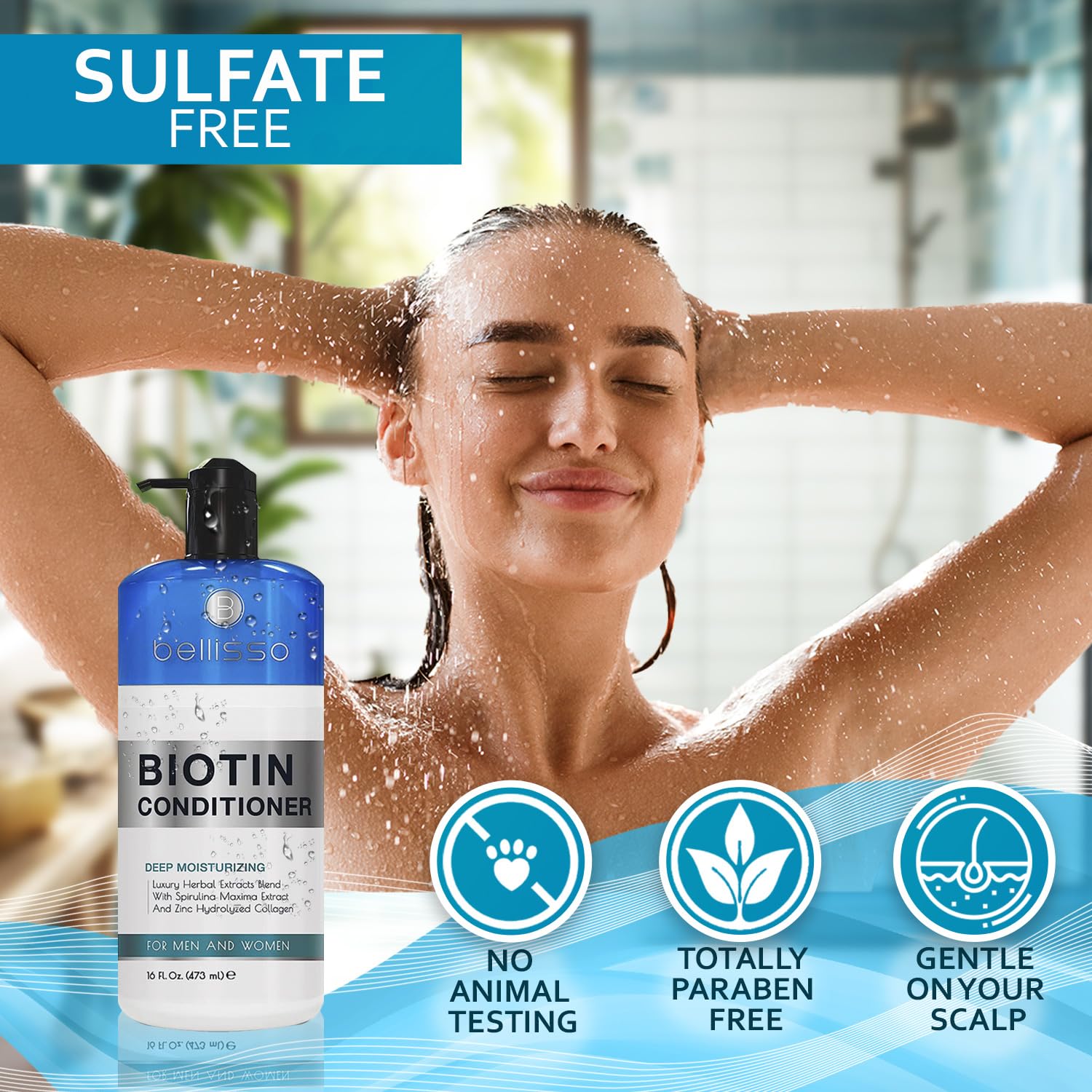 Application scene of Bellisso Biotin Conditioner on wet hair for smoothness.