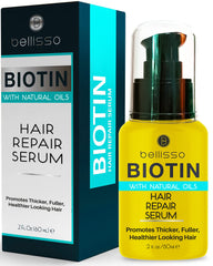 Bellisso Biotin Hair Serum bottle showcases premium thickening formula for revitalized strands and volume.