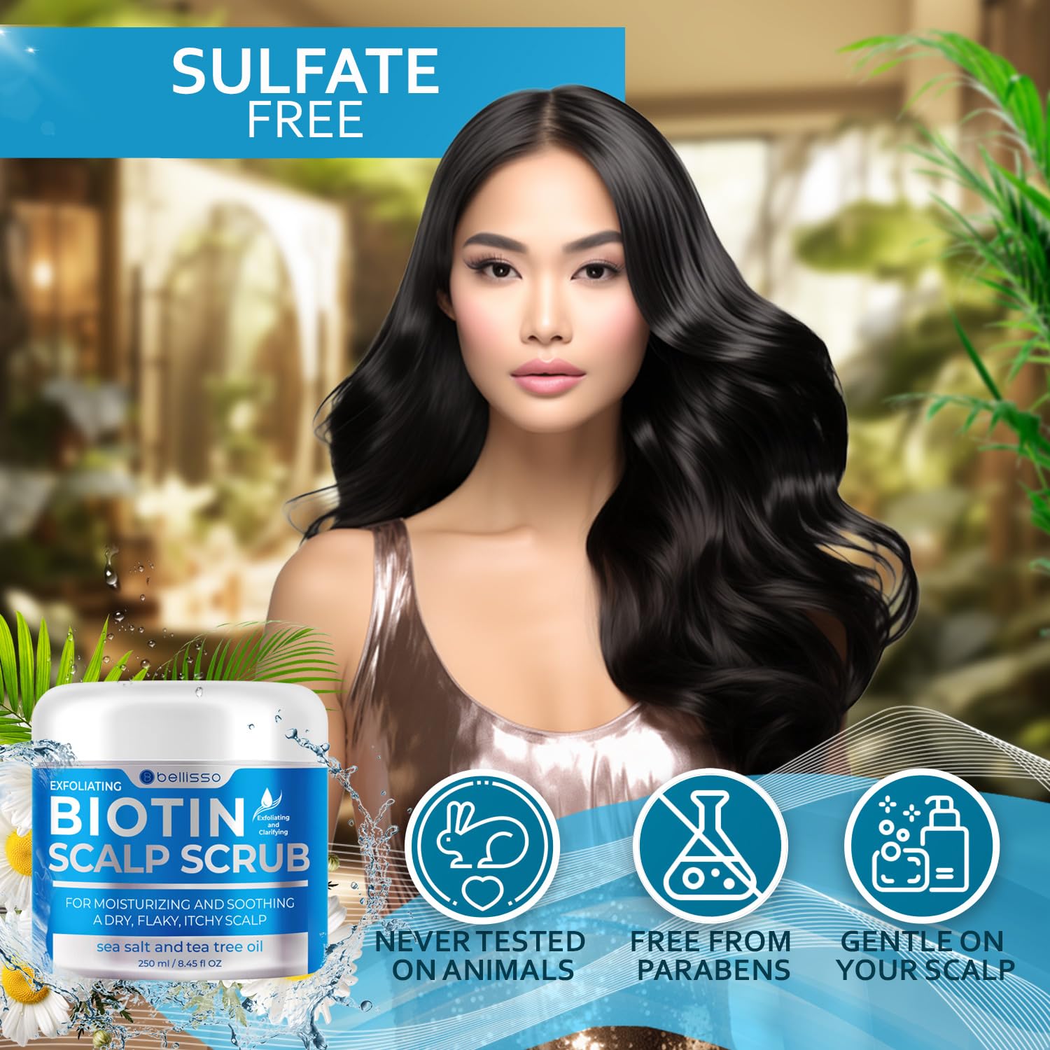 Bellisso Biotin Scalp Scrub color-safe formula on packaging.