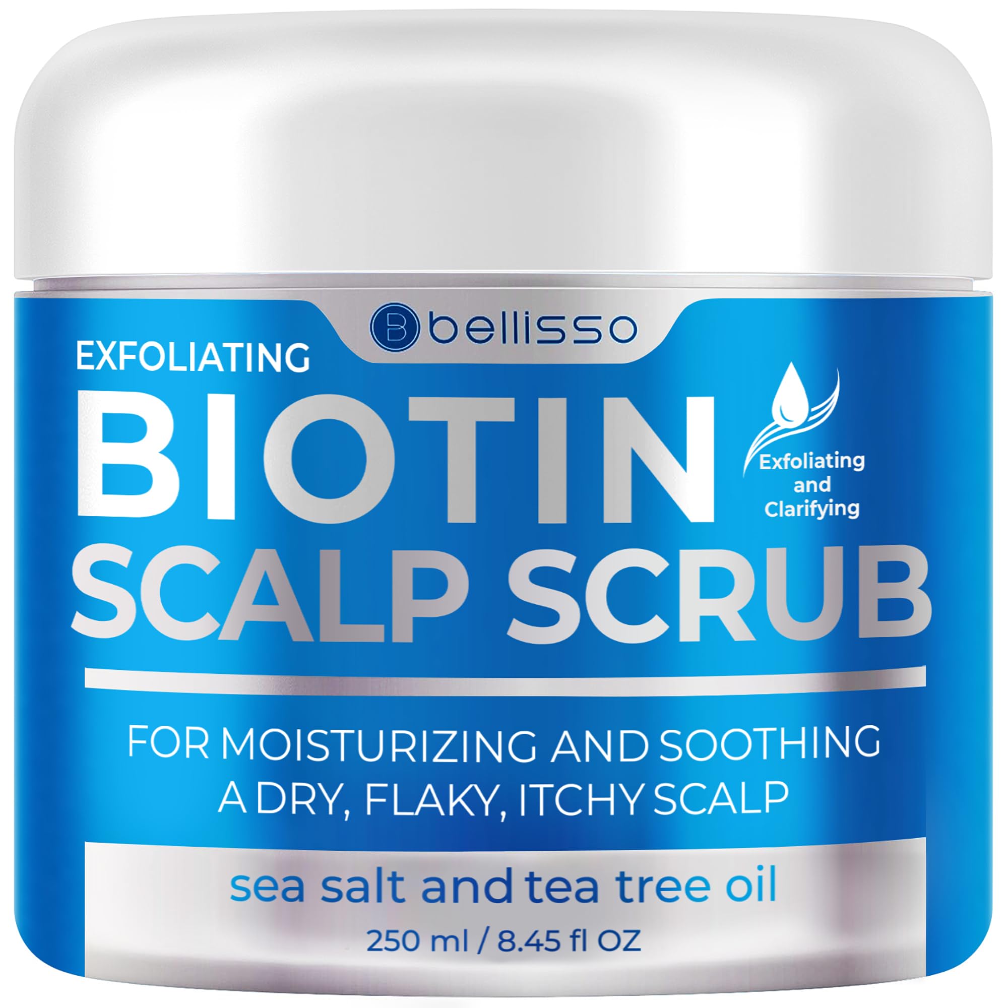Bellisso Biotin Scalp Scrub jar closeup showing exfoliating texture for flaky scalp relief.