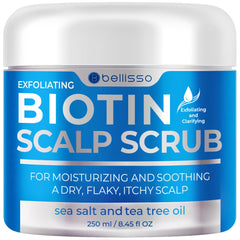 Bellisso Biotin Scalp Scrub jar closeup showing exfoliating texture for flaky scalp relief.