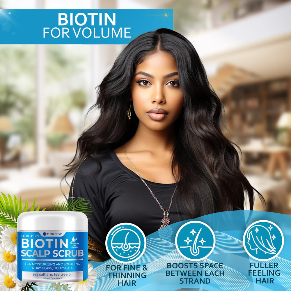 Bellisso Biotin Scalp Scrub with tea tree oil and peppermint for pH balance.