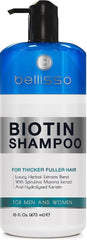 Bellisso Biotin Shampoo bottle showing volumizing formula for thicker hair