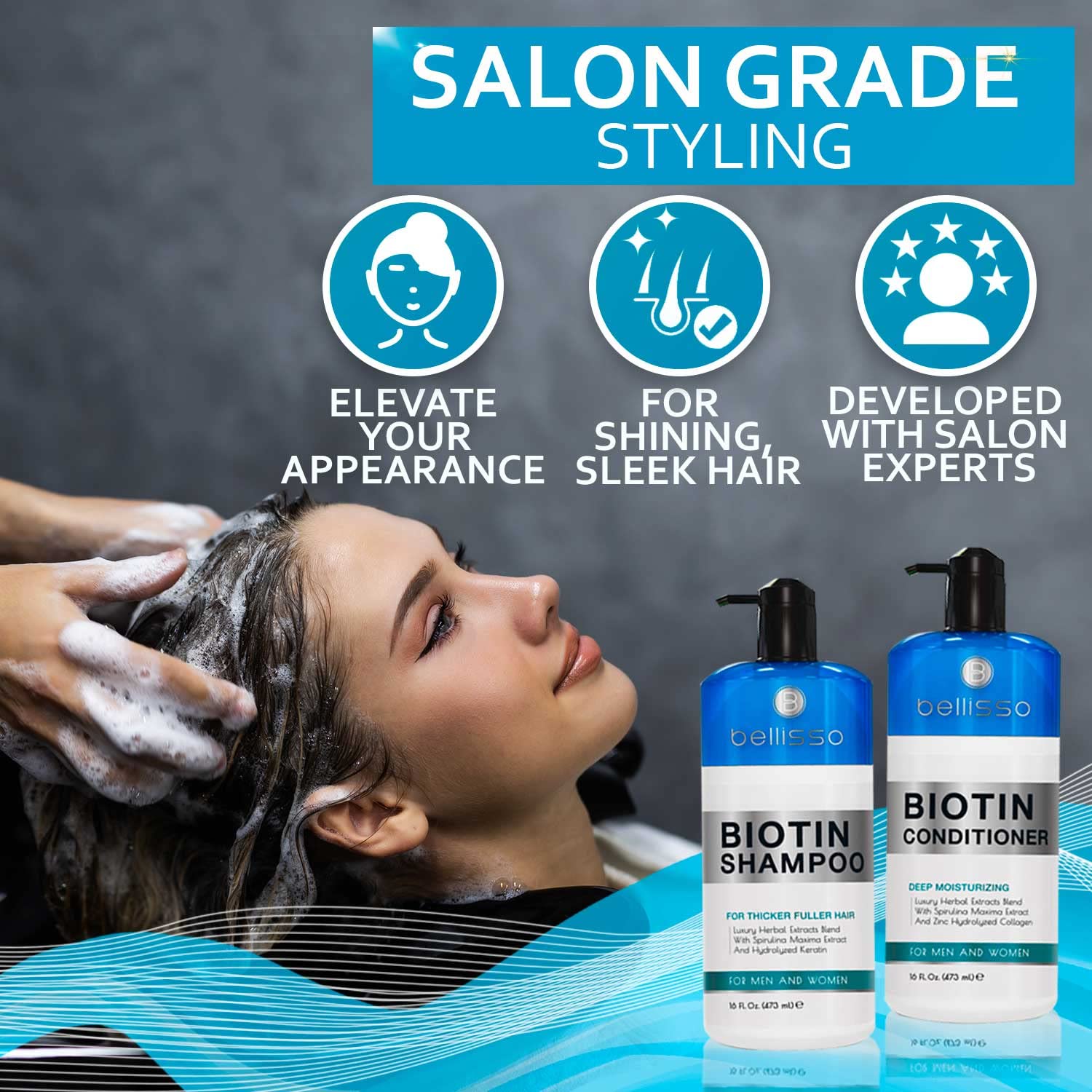 Bellisso Biotin Shampoo top view on a shelf