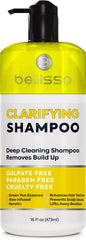 Bellisso clarifying shampoo bottle close-up showing rich lather for a refreshing cleanse.