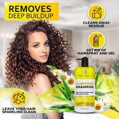 Bellisso clarifying shampoo bottle close-up with lather highlights a sulfate-free cleanse.