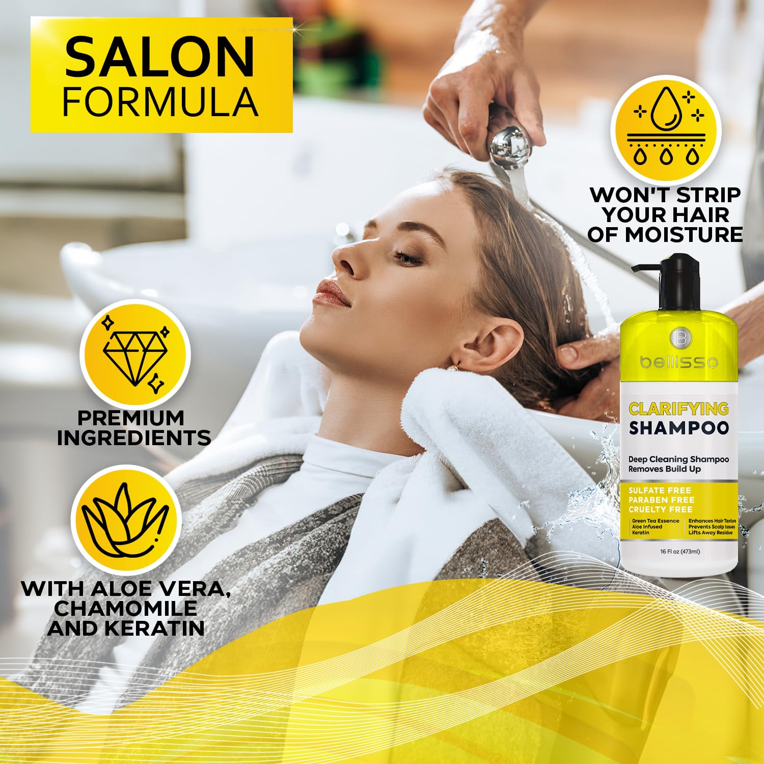 Bellisso clarifying shampoo with salon-grade ingredients underscores premium hydration.