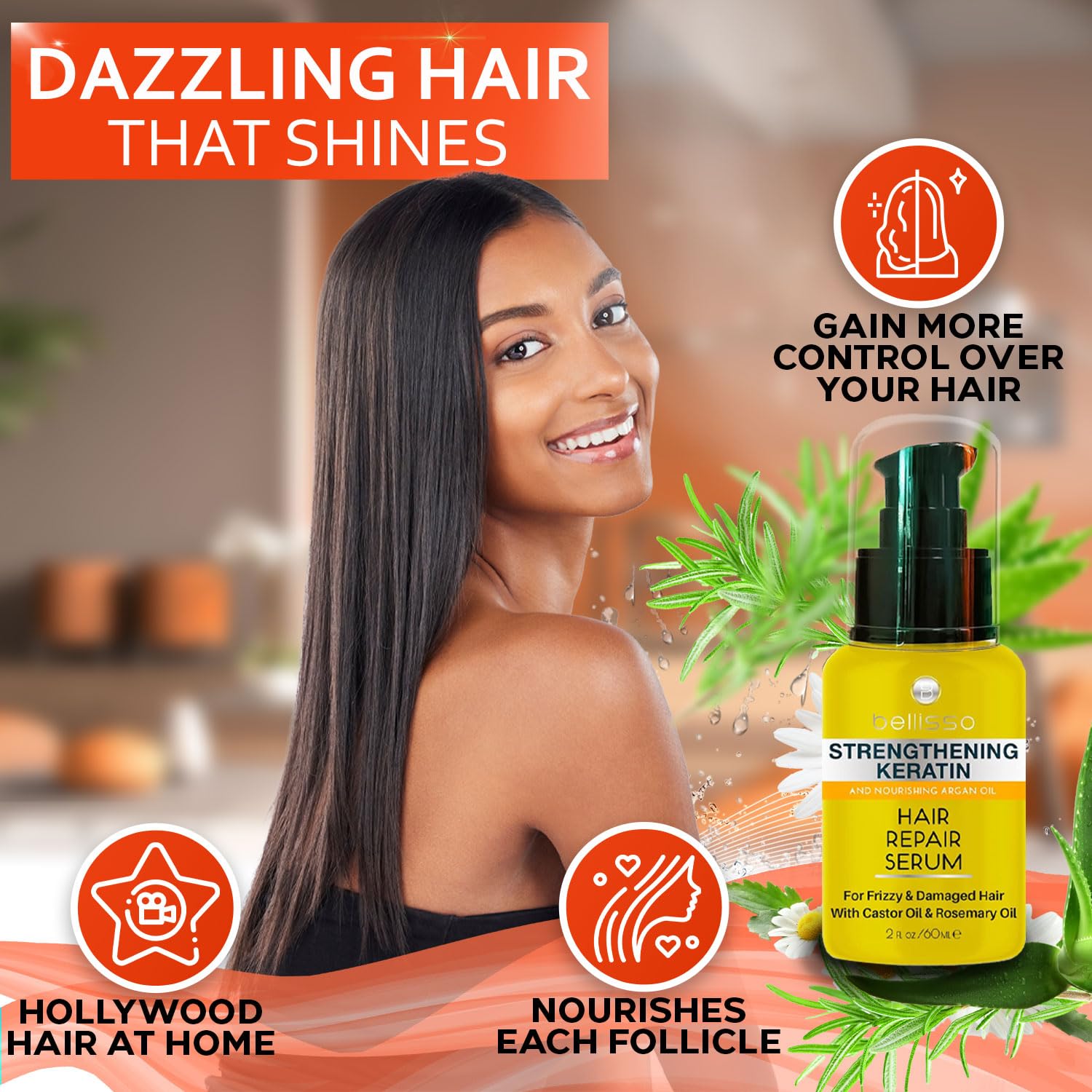 Bellisso frizz control shown during styling with before and after.