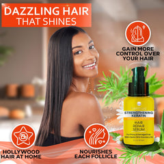 Bellisso frizz control shown during styling with before and after.
