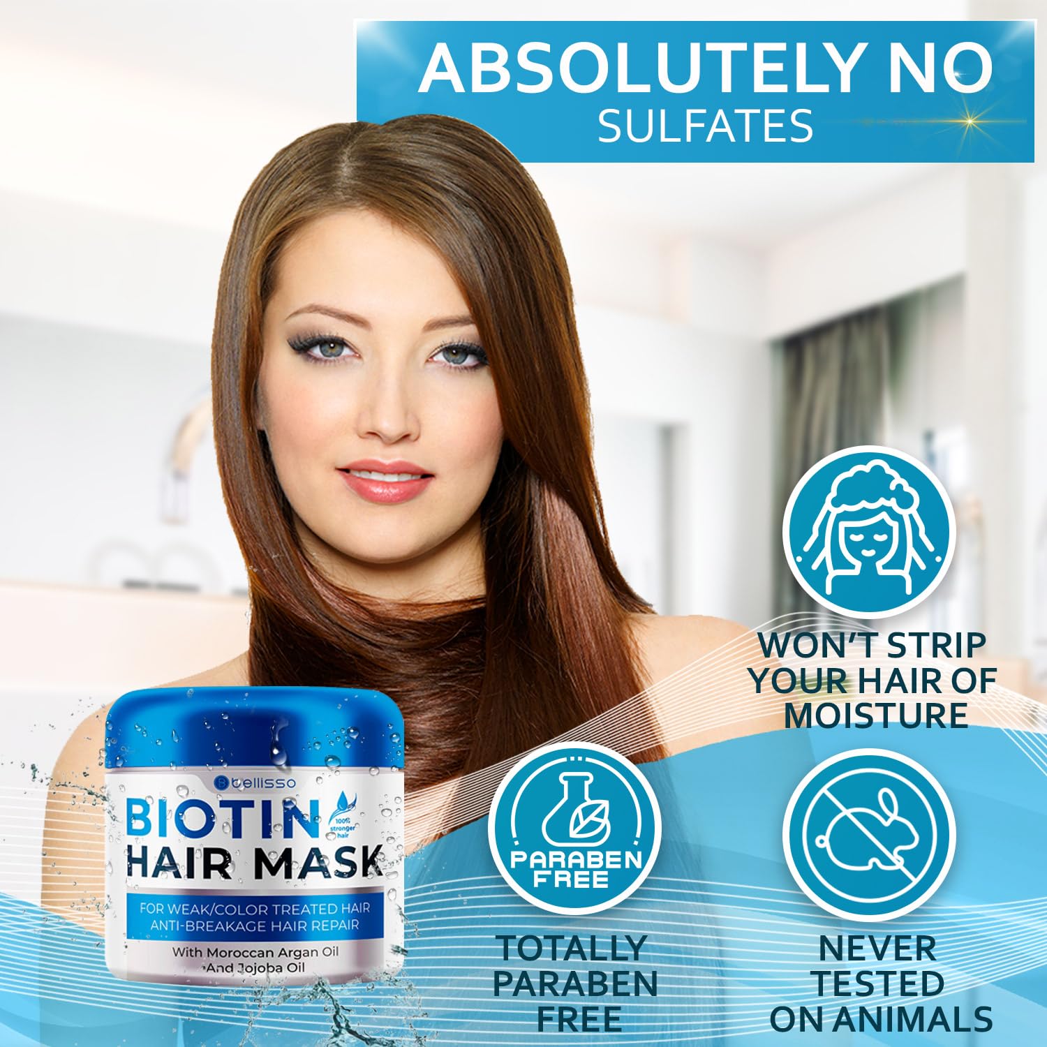 Applying Bellisso Biotin Hair Mask in the shower for frizz control.