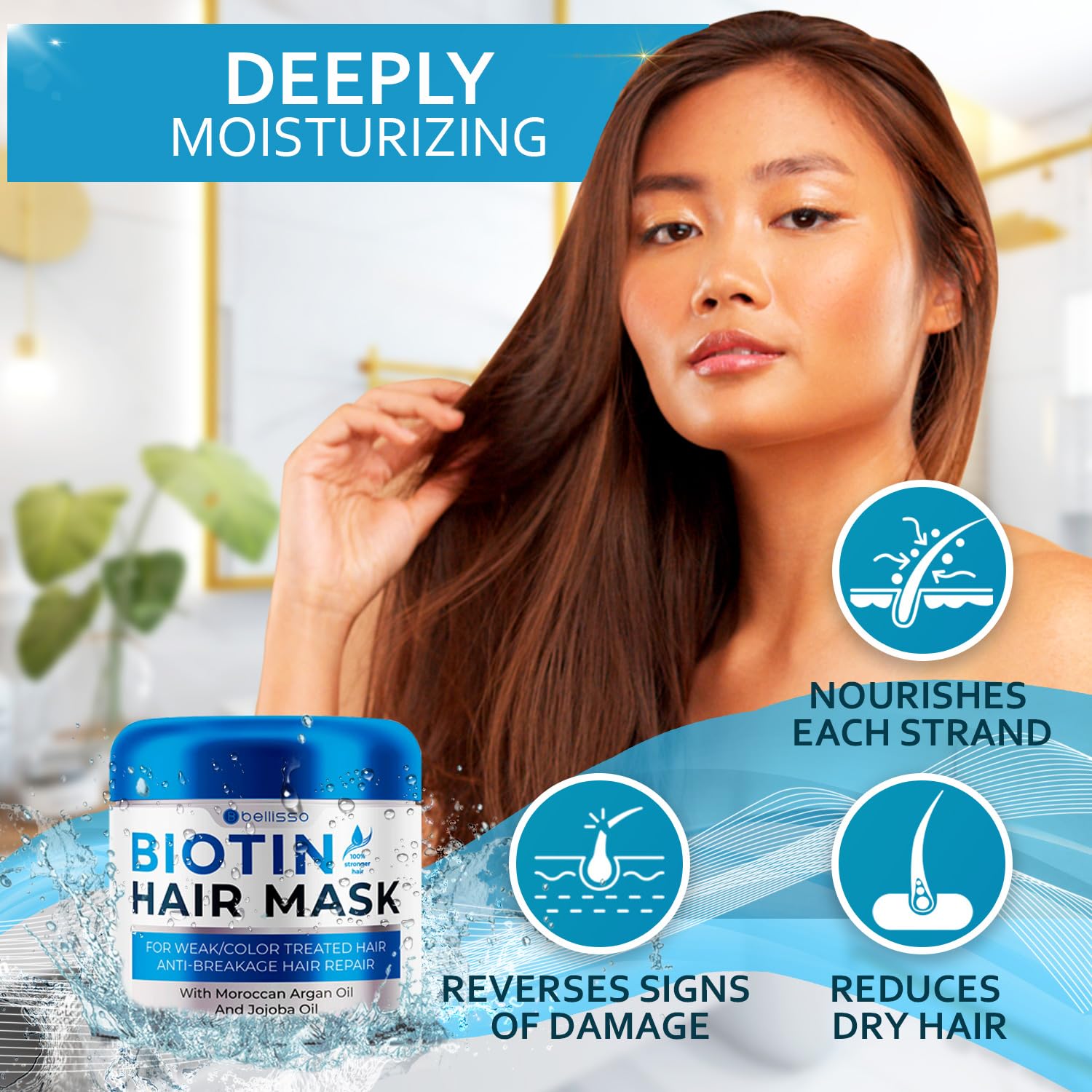 Bellisso Biotin Hair Mask on dry damaged hair delivering deep conditioning.