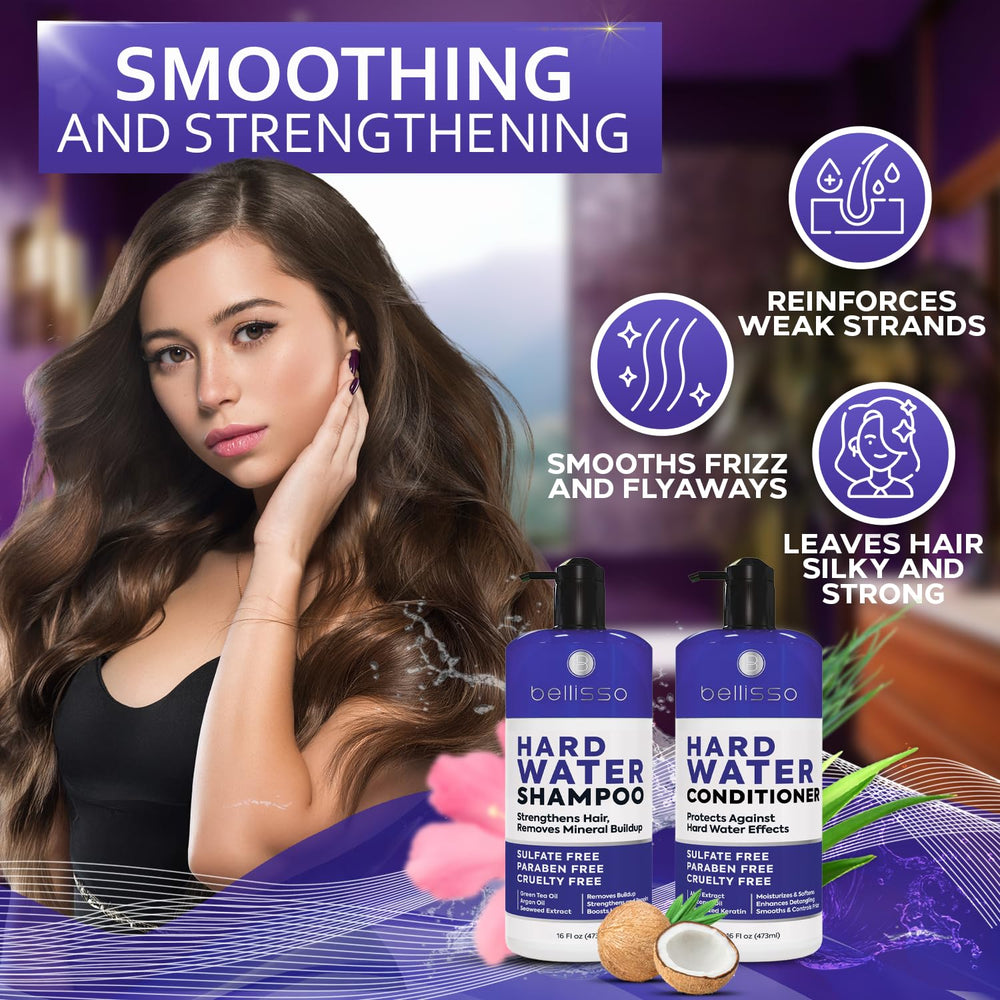Bellisso hard water conditioner bottle delivering smoother, softer hair after chelation cleansing.