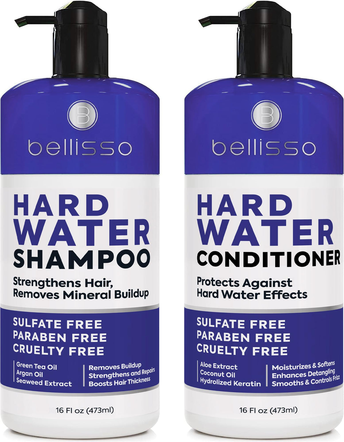 Bellisso hard water shampoo bottle with chelating formula for mineral buildup removal.