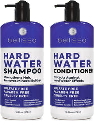 Bellisso hard water shampoo bottle with chelating formula for mineral buildup removal.