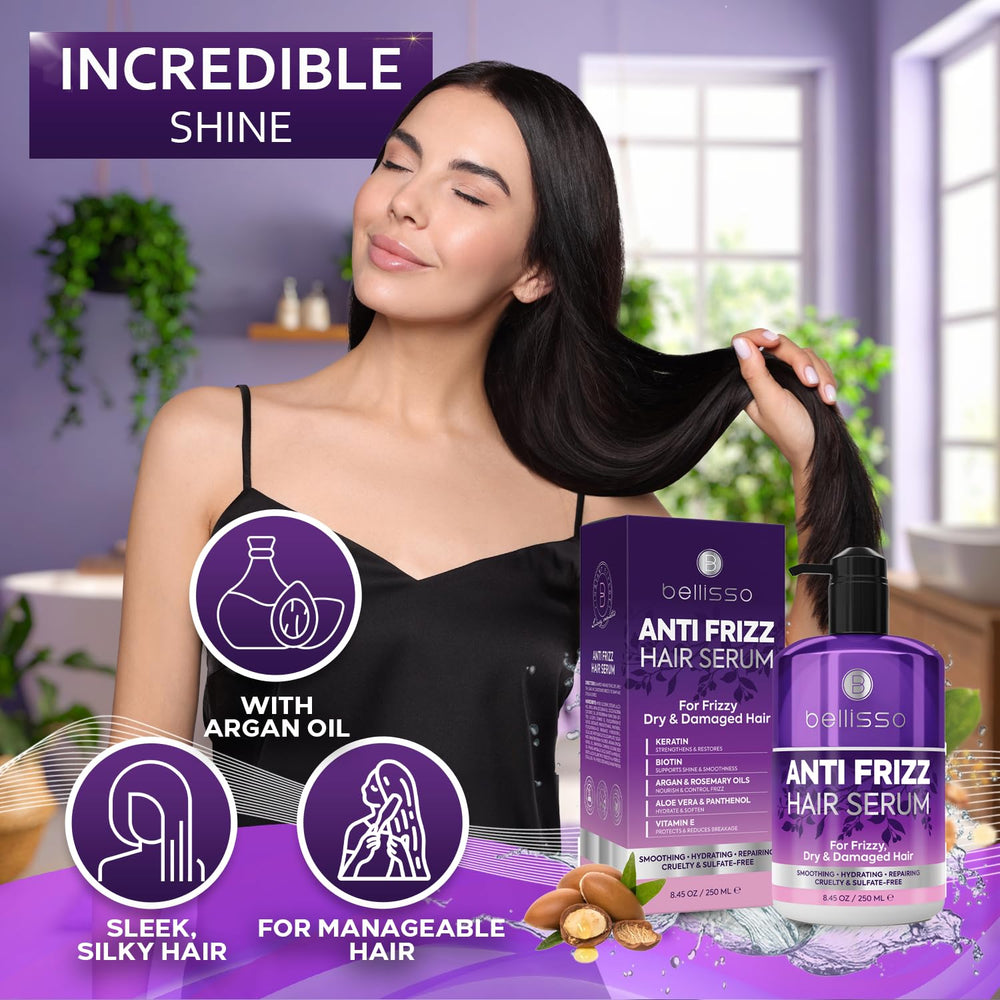 Bellisso humidity protection scene showing frizz control in humidity.