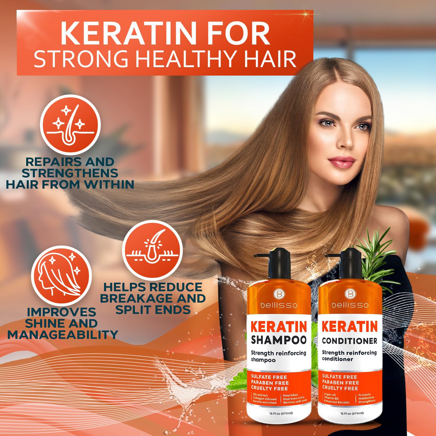 Bellisso keratin conditioner bottle demonstrates smoothing and protective care for damaged strands.