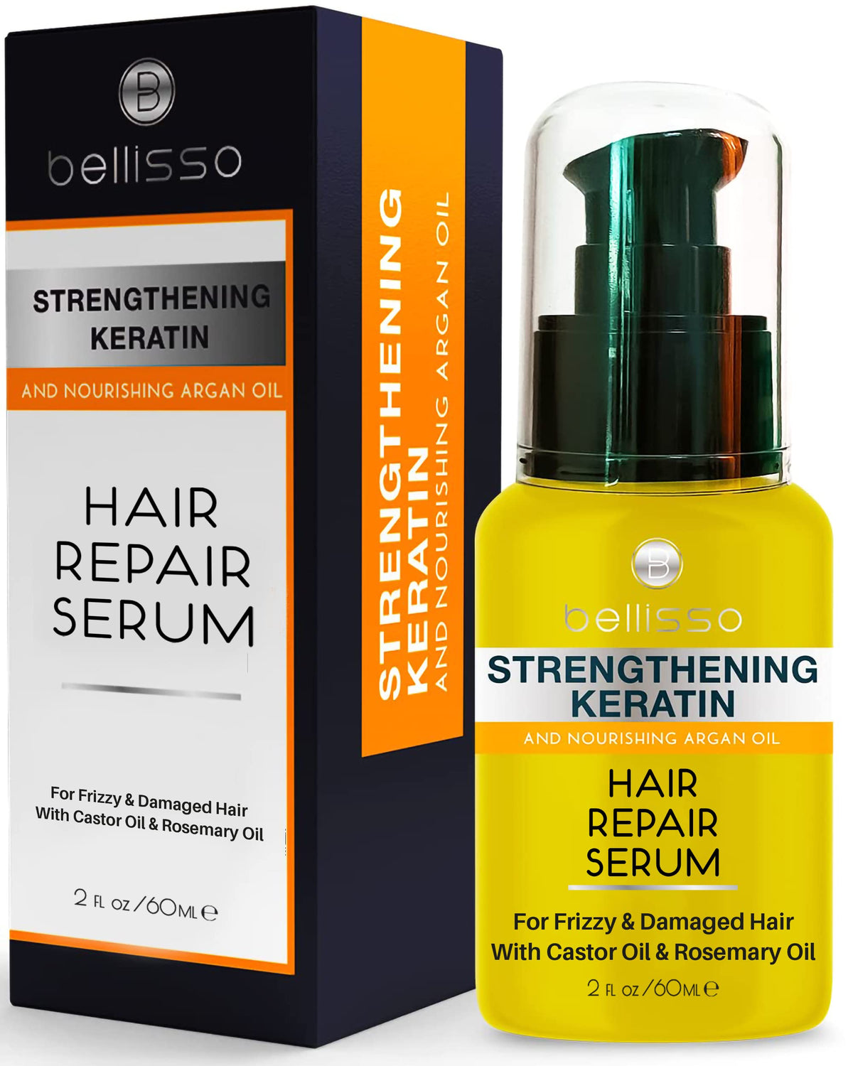 Bellisso keratin hair serum bottle for a sleek, frizz-free finish.