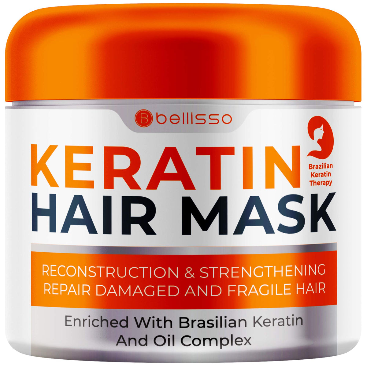 Bellisso Keratin Mask bottle front shows sulfate-free care for damaged hair