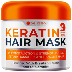 Bellisso Keratin Mask bottle front shows sulfate-free care for damaged hair