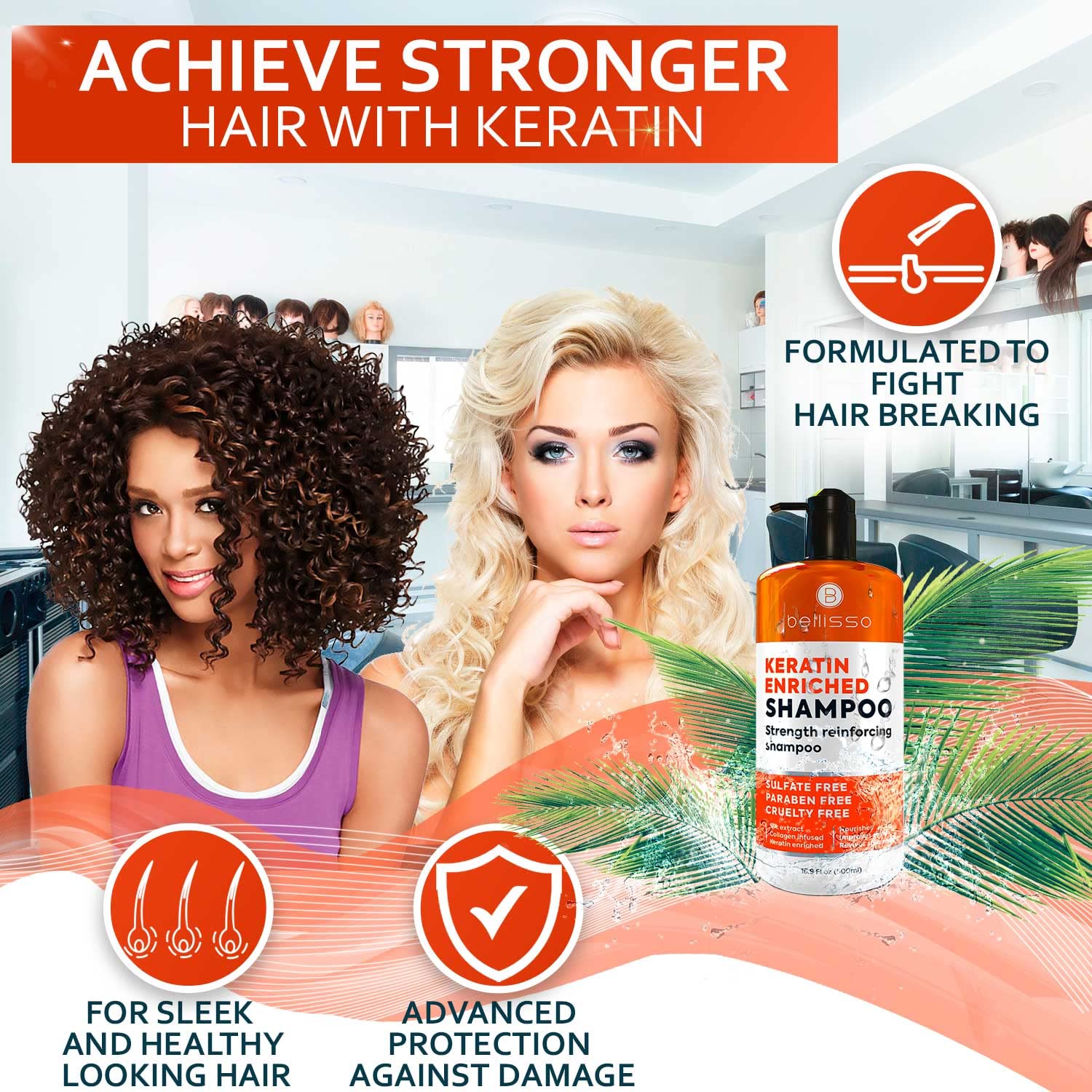 Bellisso Keratin Shampoo application showing deep-clean and frizz control.