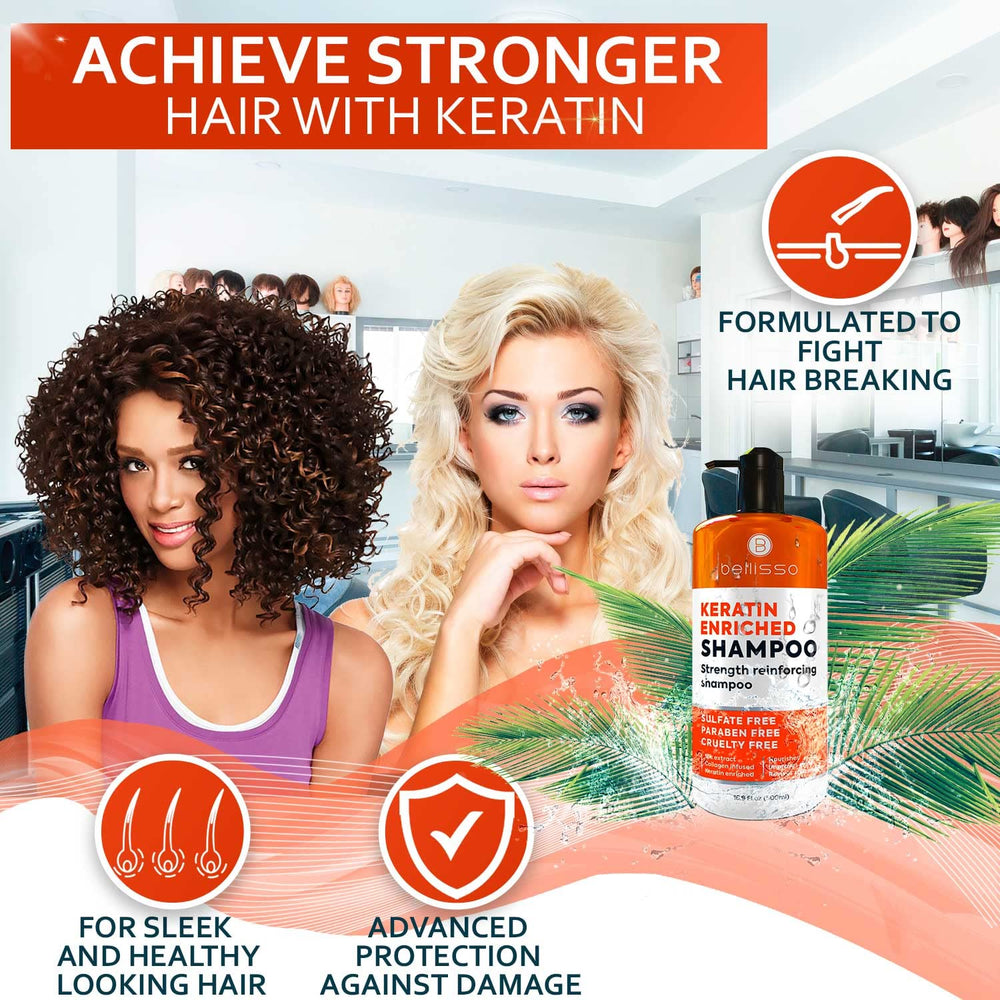 Bellisso Keratin Shampoo application showing deep-clean and frizz control.