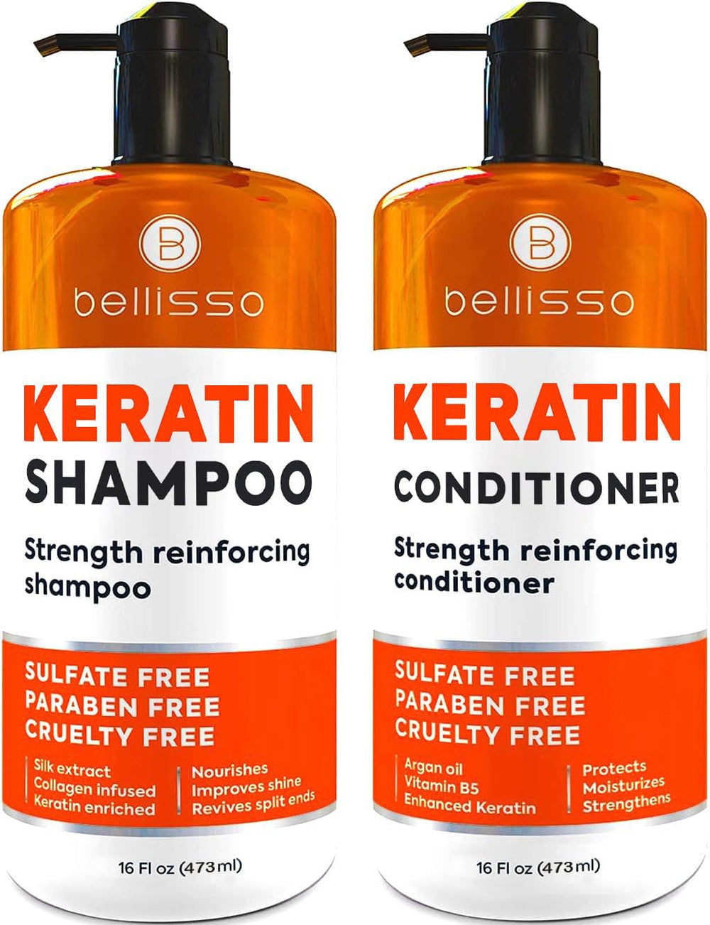 Bellisso keratin shampoo bottle highlights a strengthening formula for breakage-prone hair.