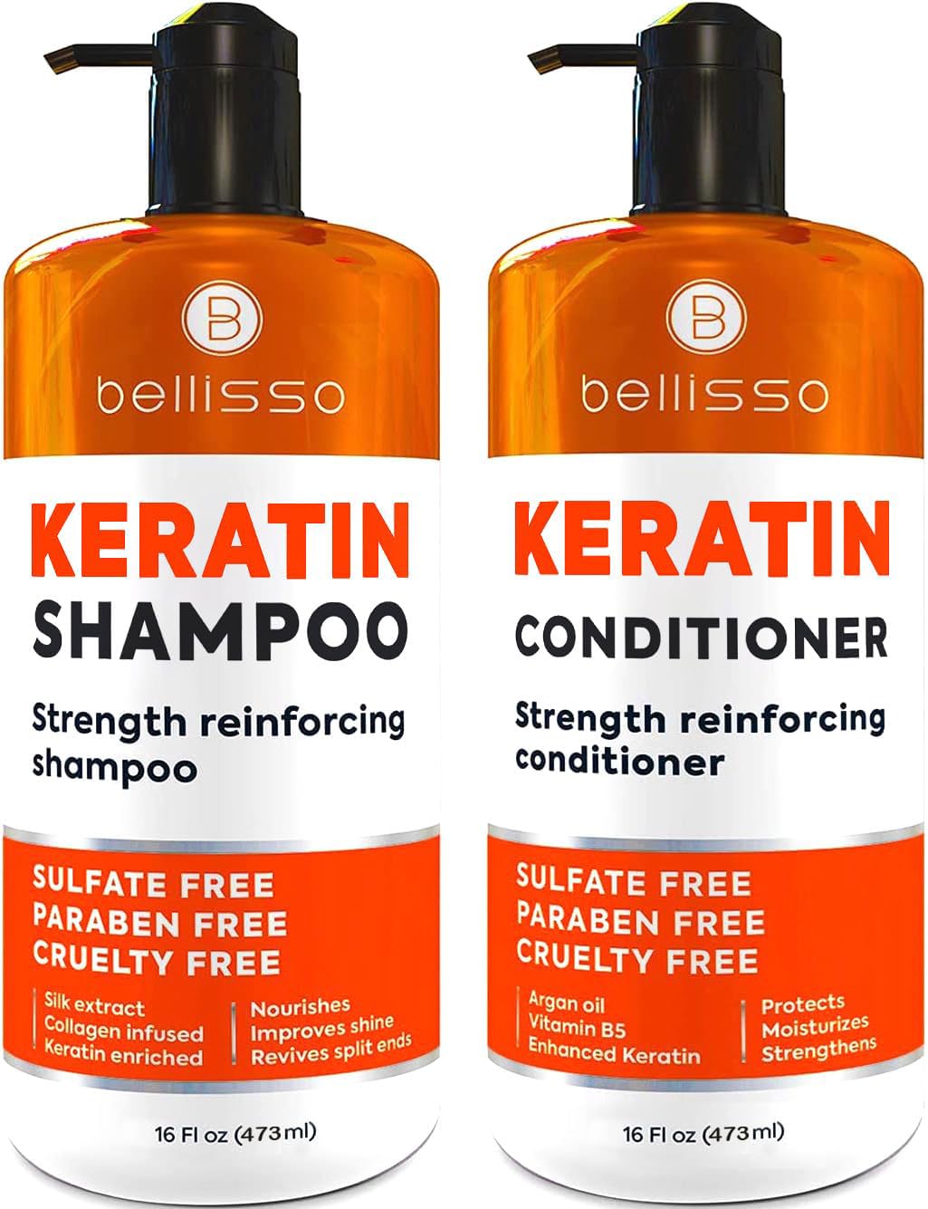 Bellisso keratin shampoo bottle highlights a strengthening formula for breakage-prone hair.