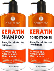 Bellisso keratin shampoo bottle highlights a strengthening formula for breakage-prone hair.