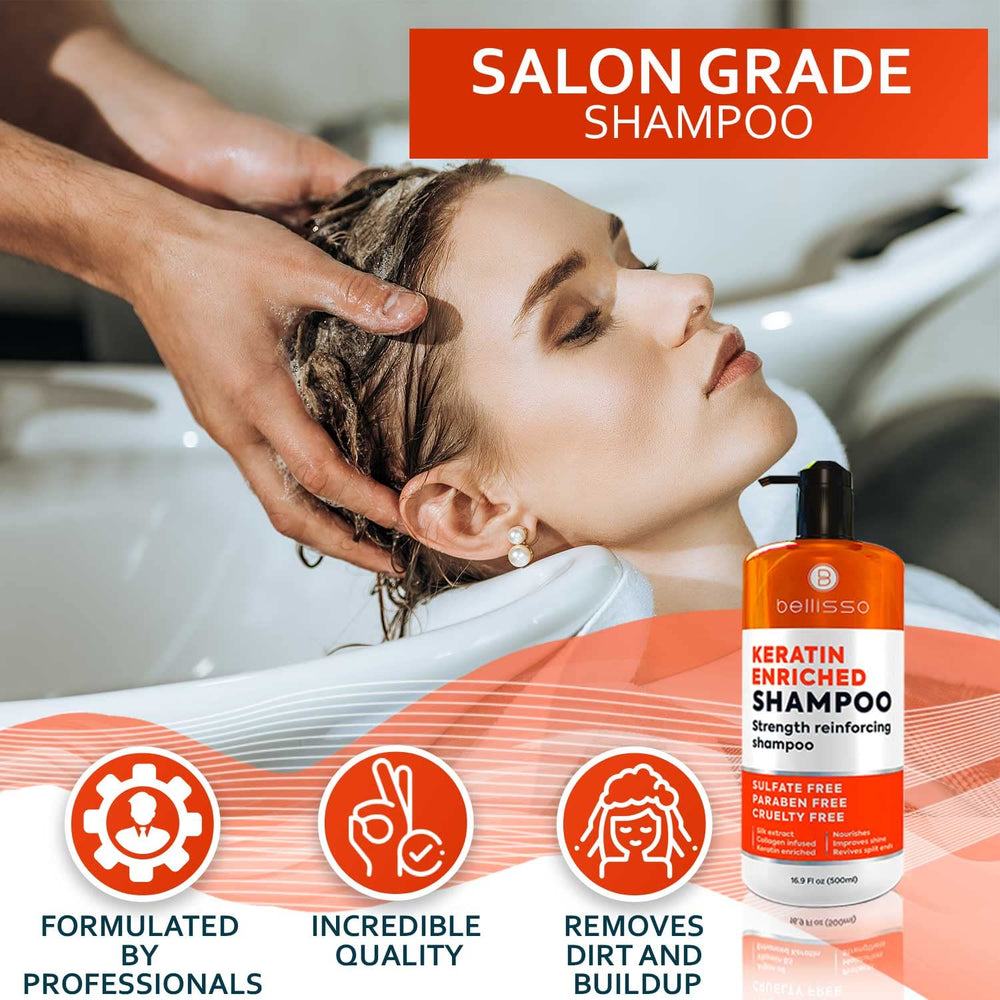 Bellisso Keratin Shampoo sulfate-free label emphasizing scalp-friendly care.